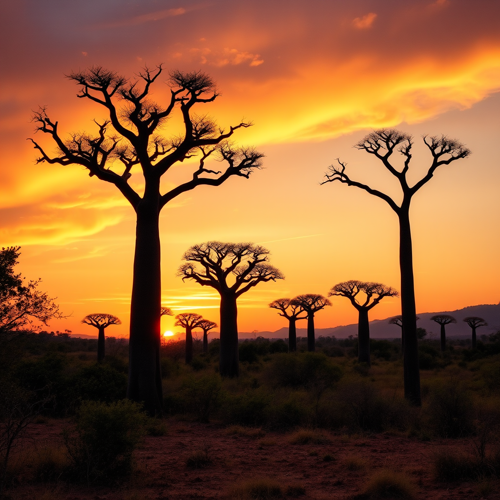 Stunning Madagascar landscape with baobab trees silhouetted against orange sunset sky, showcasing the natural beauty of the Red Island