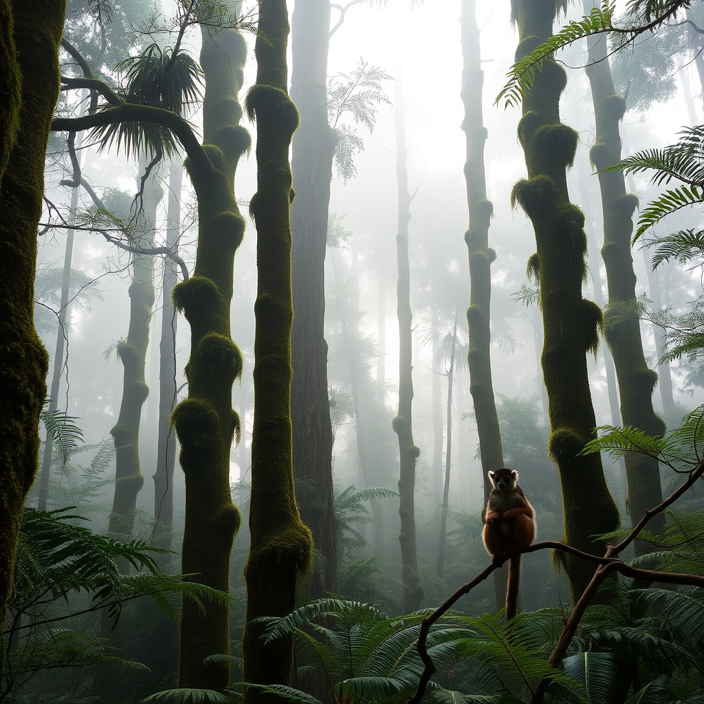 Misty rainforest scene in Andasibe-Mantadia National Park with tall trees covered in moss and ferns, sunlight filtering through the canopy, and an Indri lemur visible on a branch in the foreground