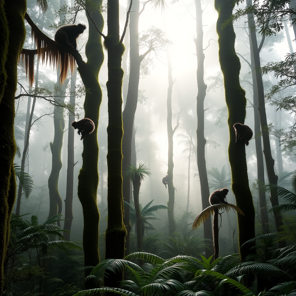 Misty rainforest scene in Andasibe-Mantadia National Park with tall trees covered in moss and ferns, sunlight filtering through the canopy, and silhouettes of Indri lemurs in the background