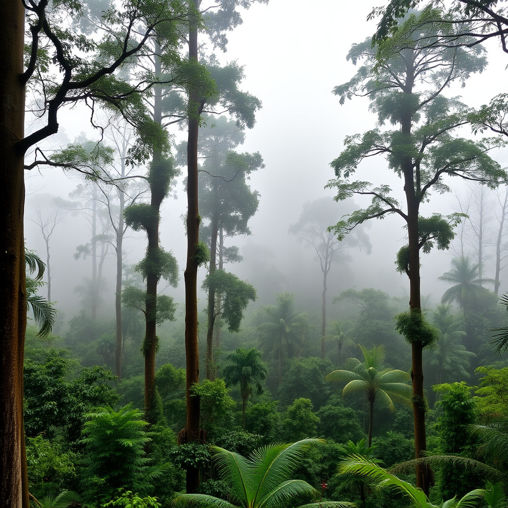 Misty rainforest landscape of Andasibe-Mantadia National Park with towering trees and lush green vegetation, showing the natural habitat where Indri lemurs live