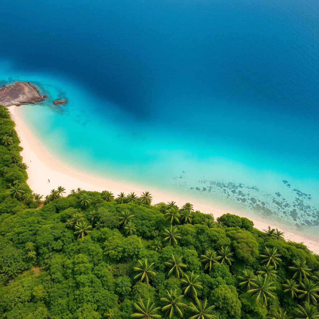 Aerial view of Nosy Be island with turquoise waters, white sandy beaches, and lush green vegetation including ylang-ylang plantations