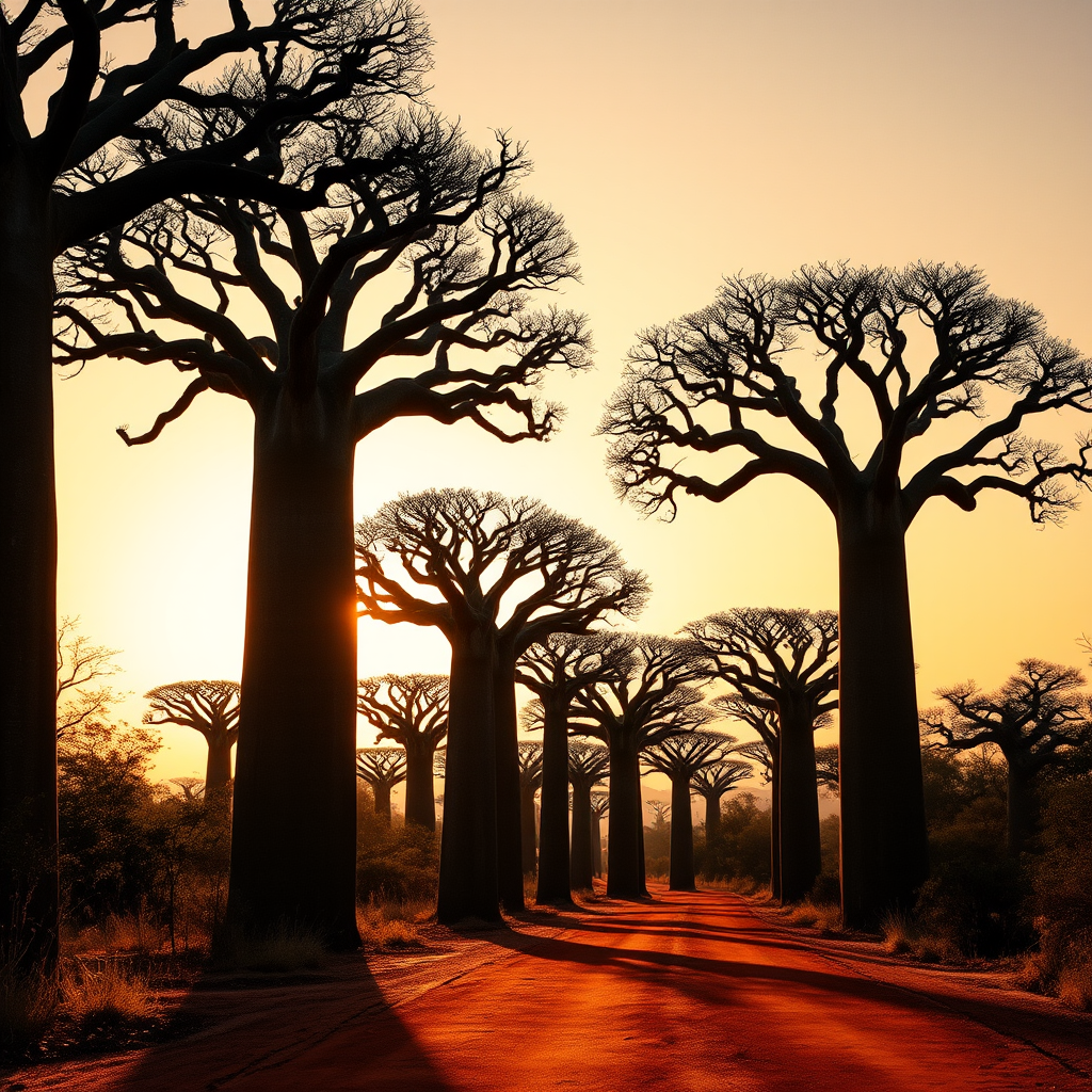 Majestic baobab trees silhouetted against a golden sunset sky along the famous Avenue of the Baobabs in Madagascar, with their distinctive bottle-shaped trunks creating dramatic shadows on the red earth road