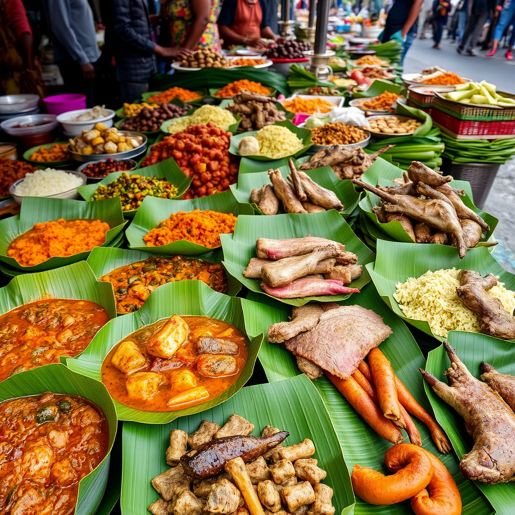 Colorful display of traditional Malagasy dishes including romazava stew, ravitoto with pork, and fresh zebu meat preparations served on banana leaves at a bustling street food market in Antananarivo