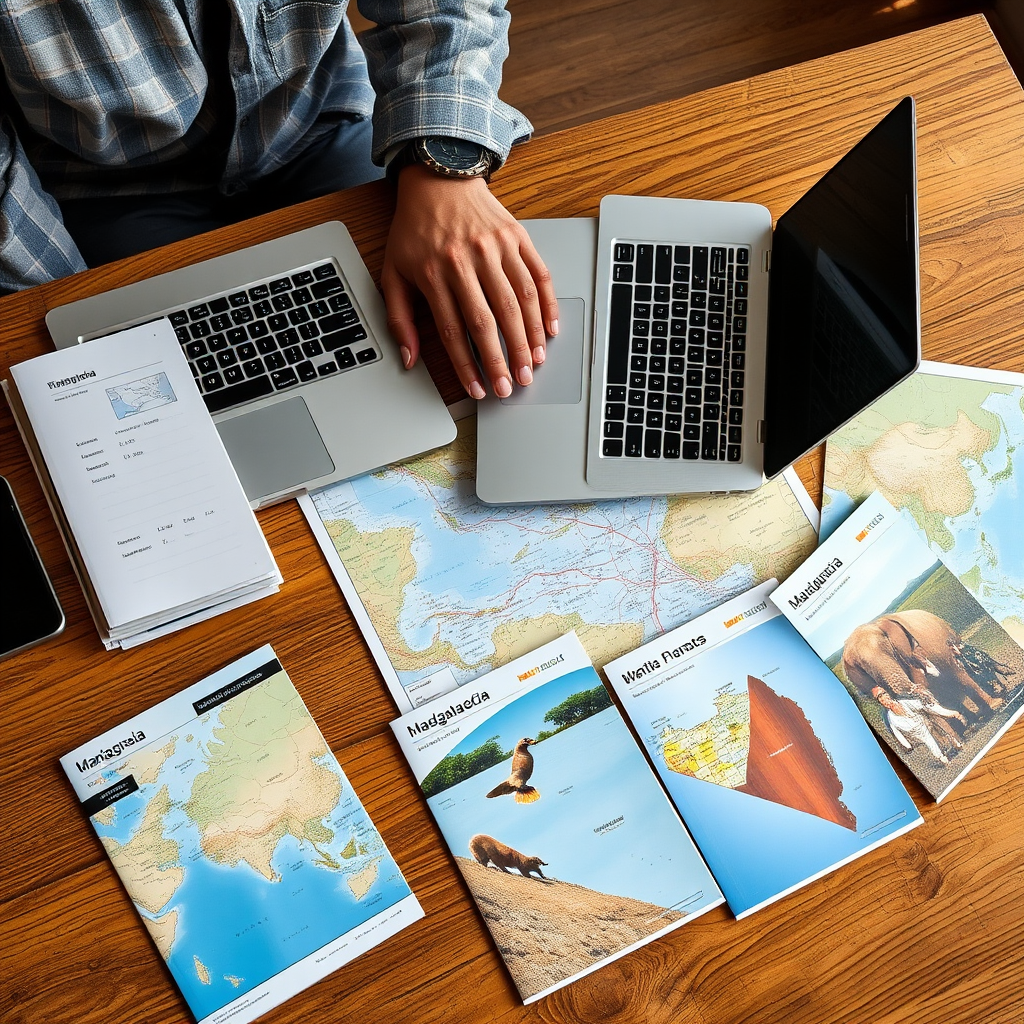 Professional travel writer working on laptop with Madagascar travel guides and maps spread on wooden desk, capturing the essence of travel blogging