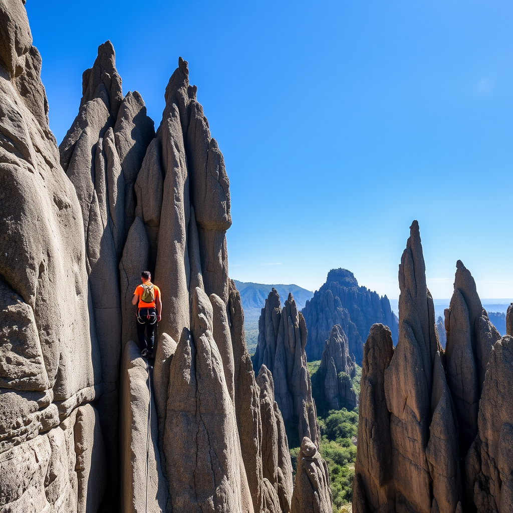Dramatic landscape of razor-sharp limestone pinnacles forming towering stone spires in Tsingy de Bemaraha, with a climber wearing safety gear navigating between the jagged rock formations under a bright blue sky