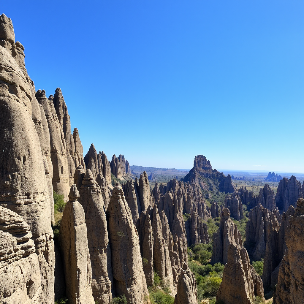 Dramatic landscape of razor-sharp limestone pinnacles forming a stone forest at Tsingy de Bemaraha, with narrow canyons and towering rock formations under blue sky