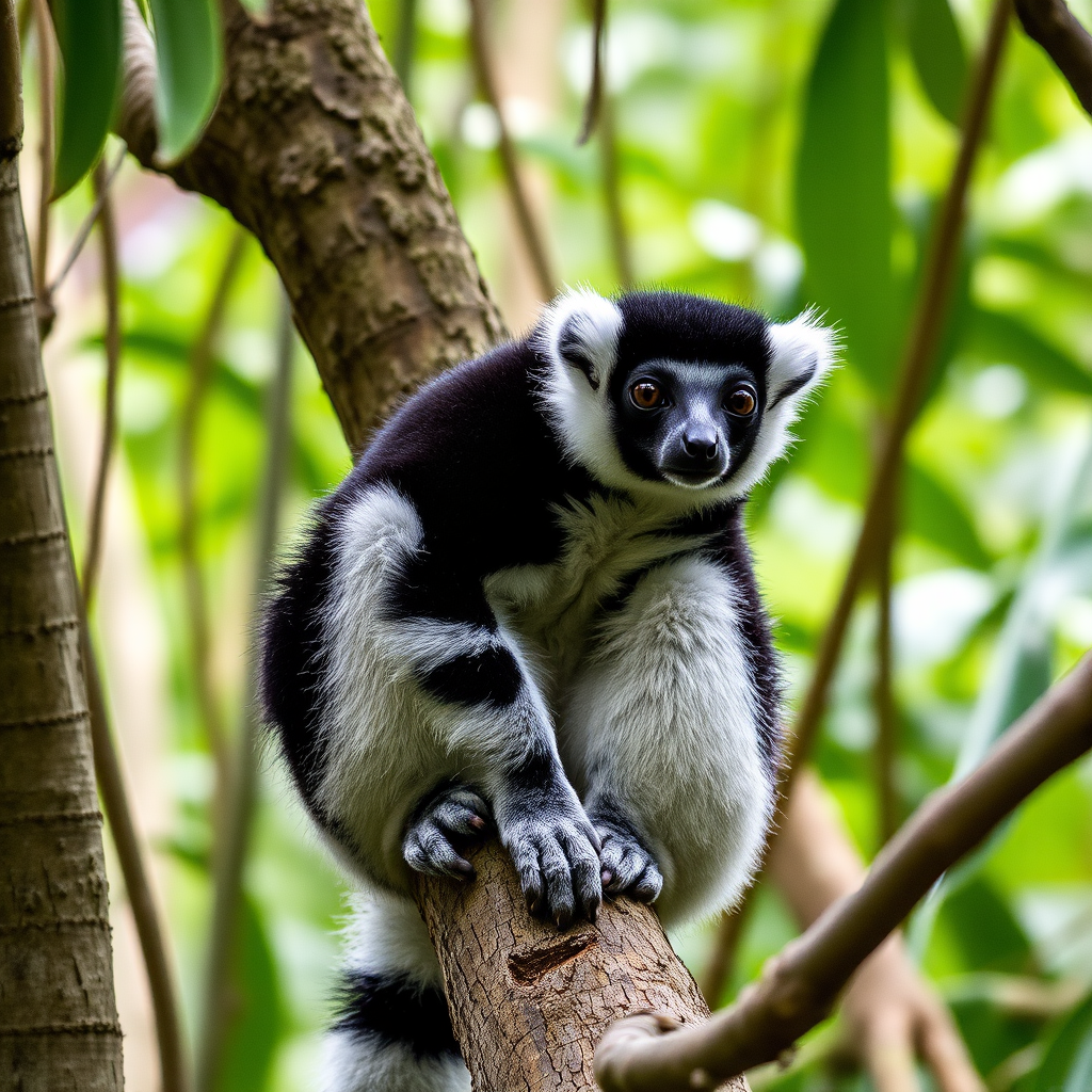 Close-up photograph of an Indri lemur with distinctive black and white fur sitting on a tree branch in the rainforest canopy