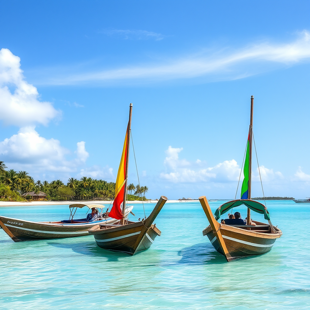Traditional Malagasy fishing boats with colorful sails anchored in a turquoise lagoon near Nosy Be with palm trees in the background