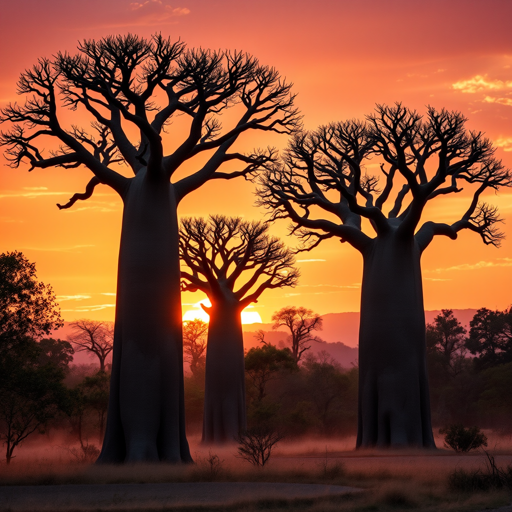 Dramatic sunrise photograph showing baobab trees backlit against a vibrant orange and pink sky, with morning mist creating ethereal atmosphere around the ancient trunks