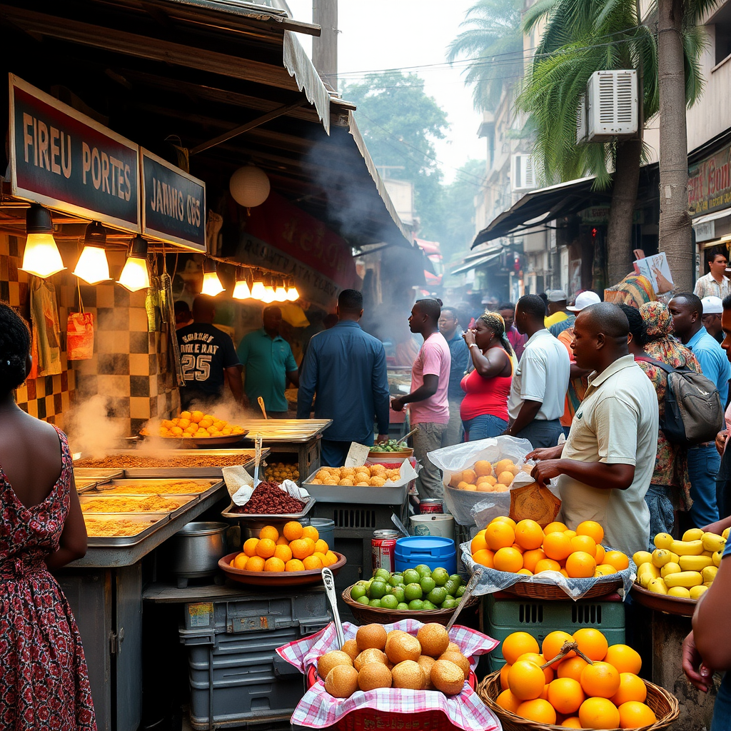 Busy street food vendors in Antananarivo's central market selling sambos (fried pastries), mofo gasy (rice cakes), and fresh tropical fruits with locals and tourists gathering around steaming food stalls
