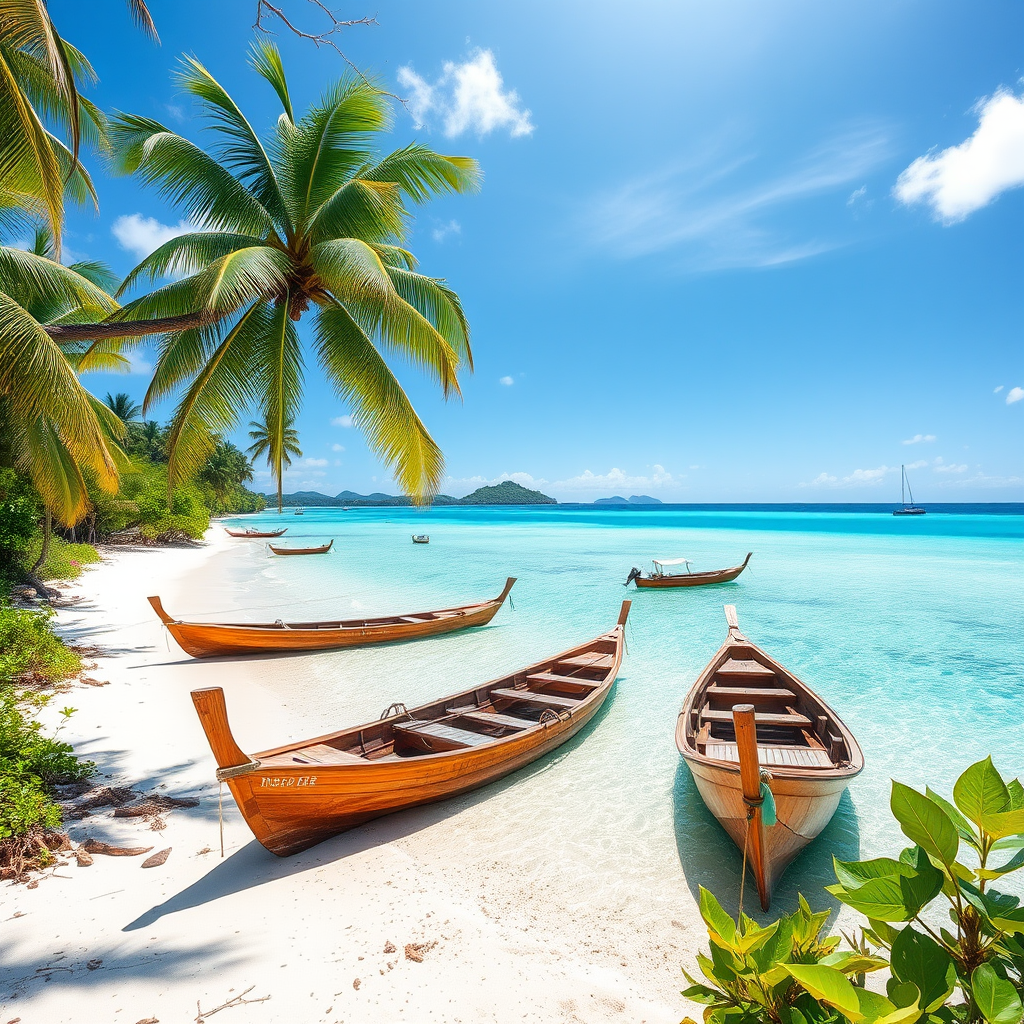 Tropical paradise scene of Nosy Be island with pristine white sand beach, crystal-clear turquoise waters, traditional wooden fishing boats, and lush ylang-ylang plantations in the background under a sunny sky