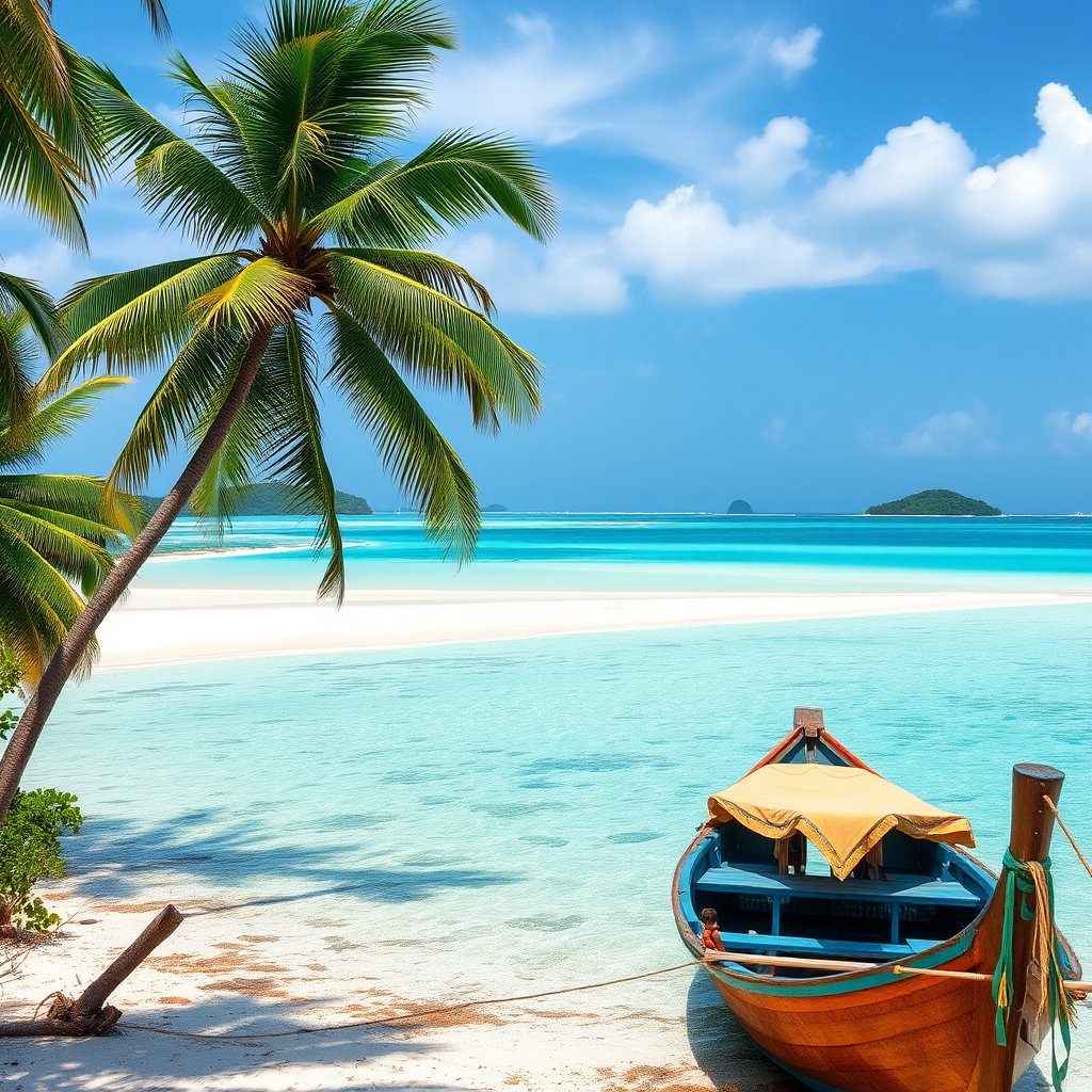 Tropical paradise view of Nosy Be island with pristine white sand beaches, crystal-clear turquoise waters, palm trees, and traditional fishing boats in the foreground