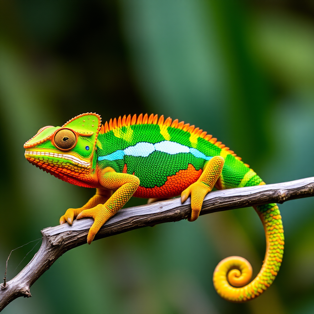 Colorful Panther chameleon with vibrant green and orange coloration perched on a branch, showcasing Madagascar's unique reptile diversity