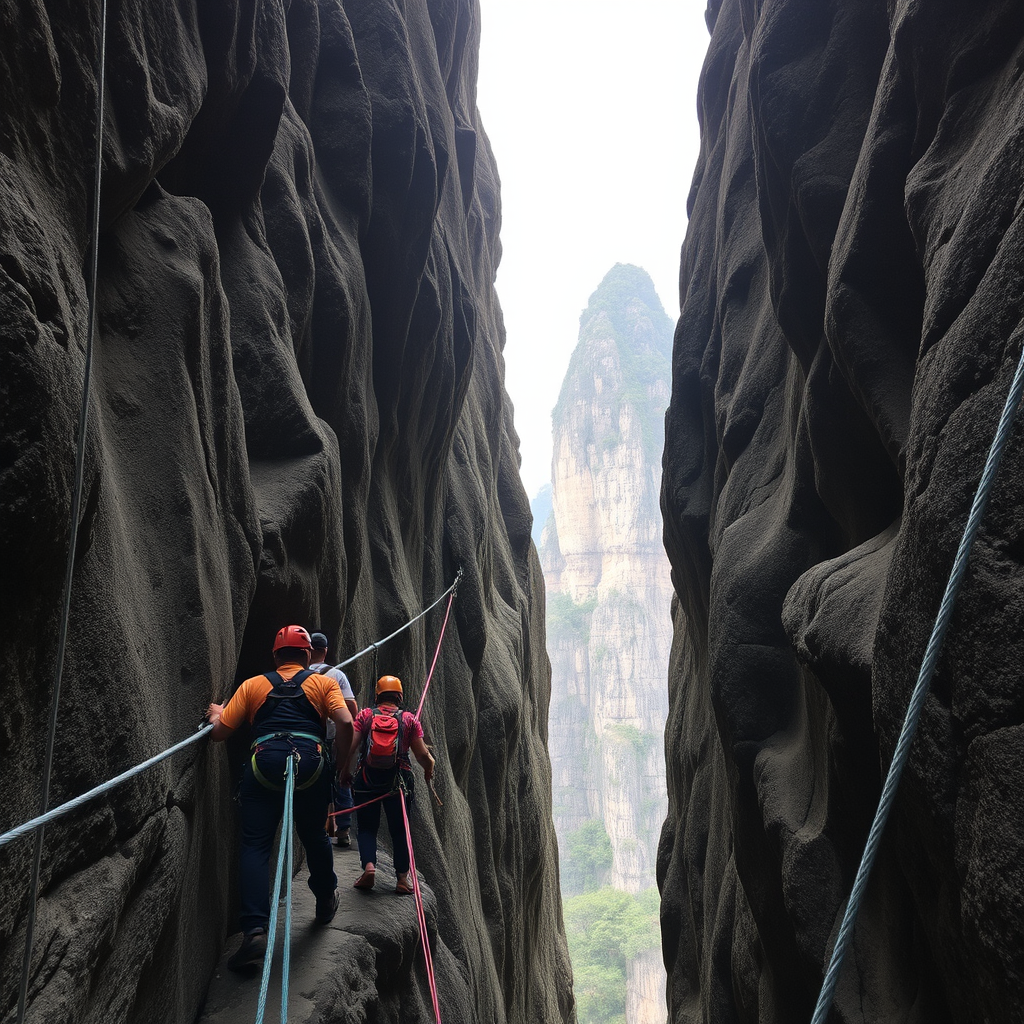 Adventure climbers wearing safety harnesses navigating through narrow passages between tall limestone pinnacles in Grand Tsingy, showing the technical climbing required