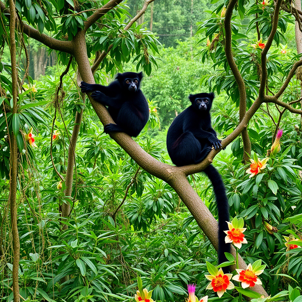 Black lemurs sitting on tree branches in the rainforest of Nosy Komba island with dense green vegetation and tropical flowers