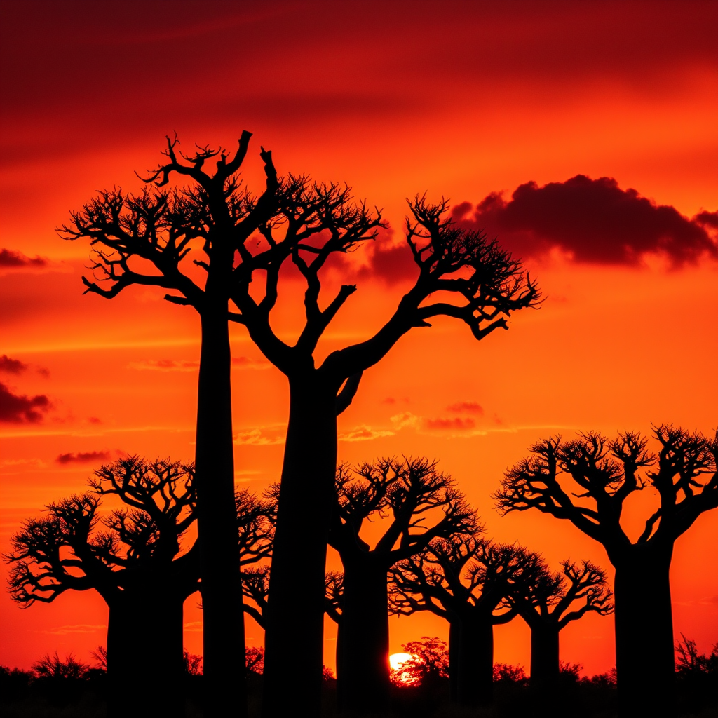 Classic sunset silhouette of baobab trees against a deep red and orange sky, showing the iconic bottle-shaped trunks in perfect black silhouette with dramatic cloud formations