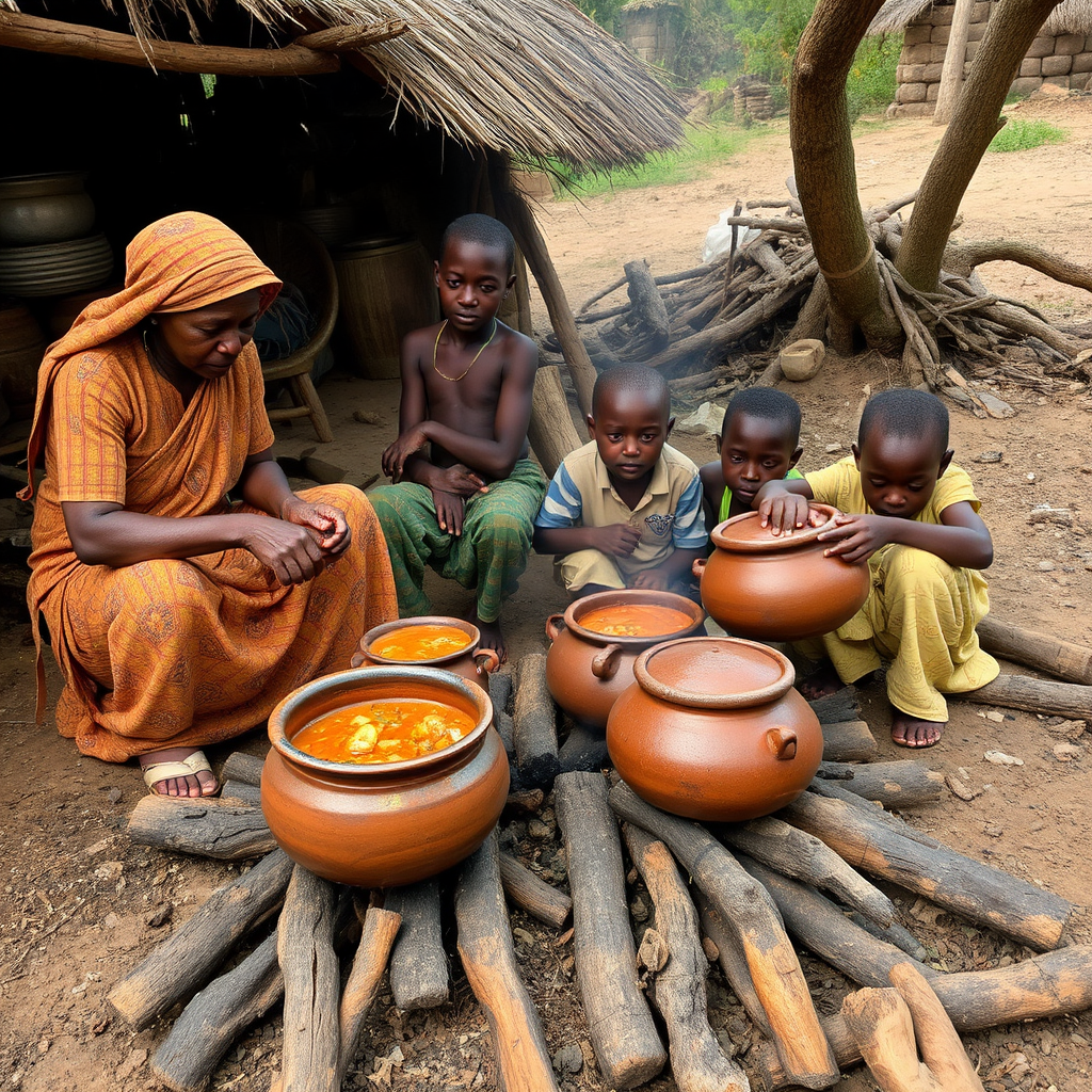 Rural Malagasy village women cooking traditional romazava stew over wood fires using clay pots, with children watching and learning the ancestral cooking techniques passed down through generations