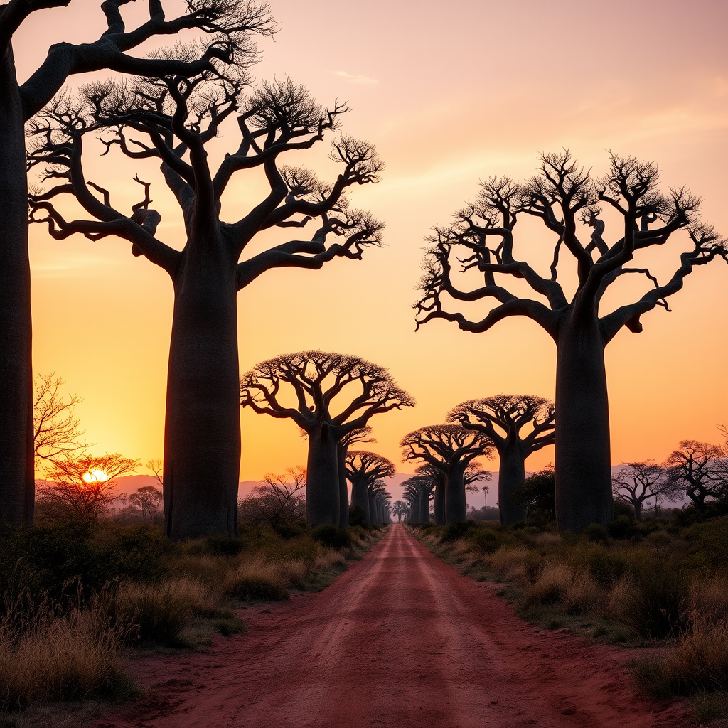 Iconic Avenue of the Baobabs at golden hour with massive ancient baobab trees silhouetted against orange and pink sunset sky, dirt road leading through the scene