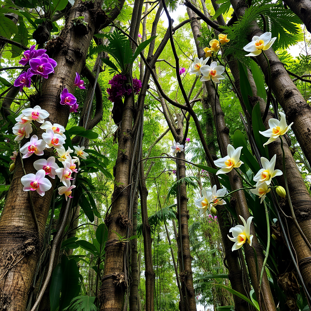 Dense rainforest canopy view showing various endemic orchid species growing on tree trunks with colorful blooms in purple, white, and yellow