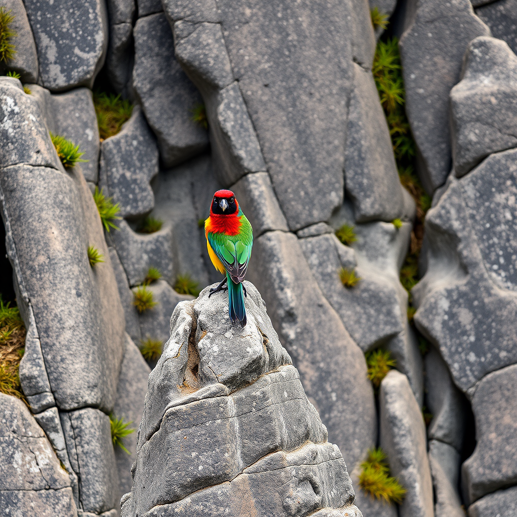 Endemic Madagascar bird perched on limestone pinnacle in Tsingy de Bemaraha, showing colorful plumage against the gray stone background with unique vegetation growing in crevices