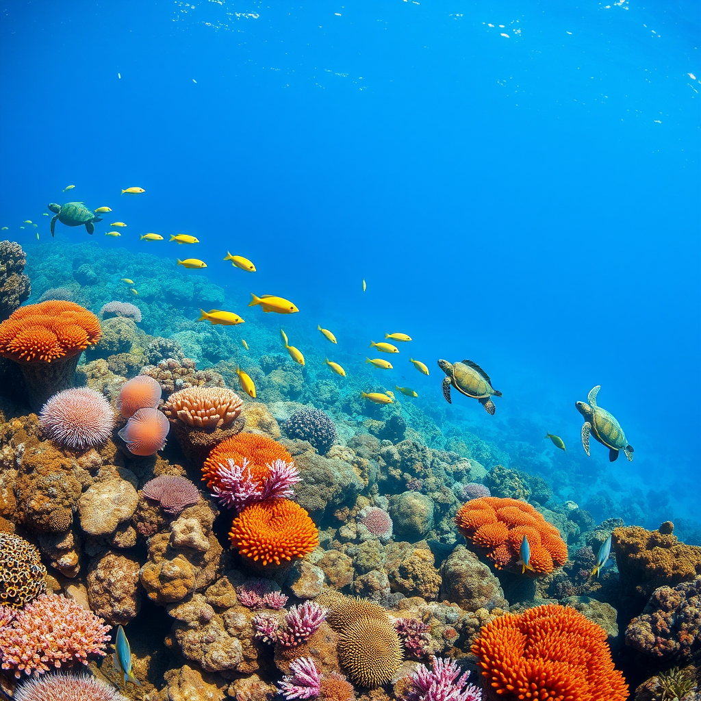 Underwater scene showing vibrant coral reef with tropical fish, sea turtles, and clear blue water around Nosy Be islands
