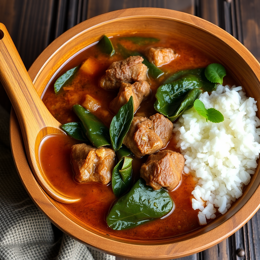 Steaming bowl of romazava stew with tender zebu meat and dark green anamalao leaves, served alongside white rice in a traditional wooden bowl with a carved wooden spoon