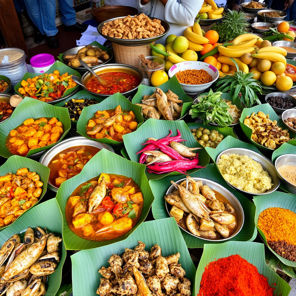 Vibrant display of traditional Malagasy cuisine with colorful dishes including romazava stew, fresh seafood, tropical fruits, and spices arranged on banana leaves at a local market