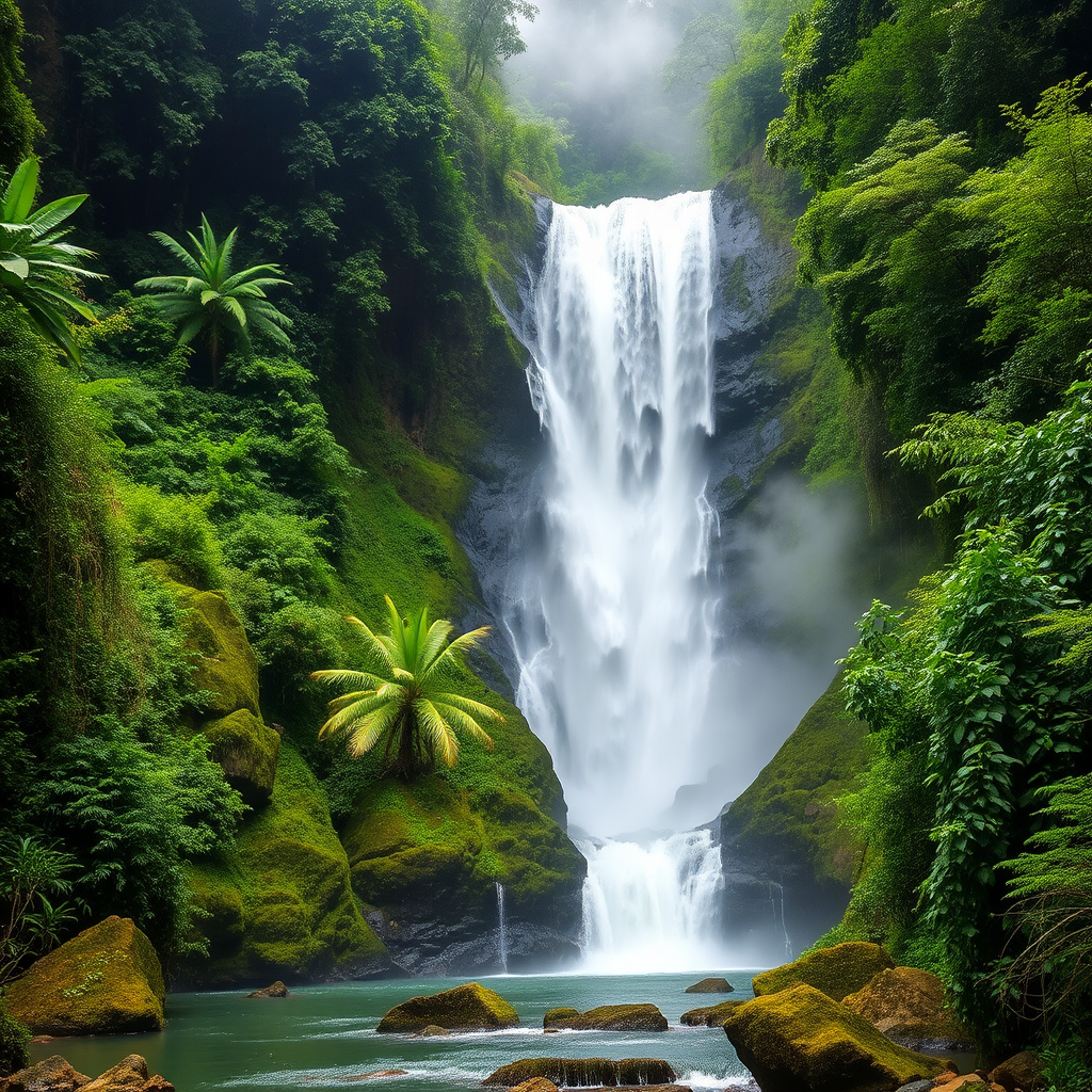 Scenic waterfall cascading through lush green rainforest vegetation in Andasibe-Mantadia National Park with mist rising from the water