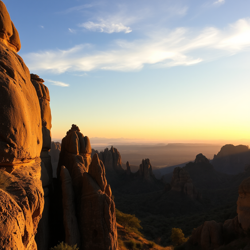 Sunset view over Tsingy de Bemaraha limestone formations with golden light illuminating the stone pinnacles and creating dramatic shadows in the valleys below