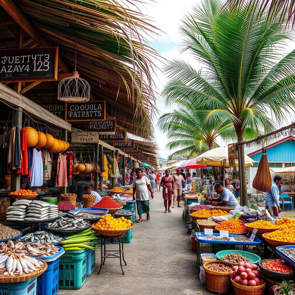 Colorful local market in Nosy Be with vendors selling fresh seafood, tropical fruits, spices, and traditional crafts under palm leaf canopies