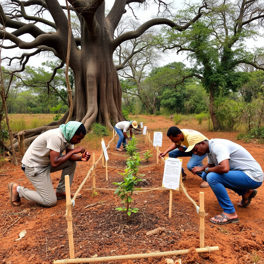Conservation team and local Malagasy volunteers planting young baobab seedlings near the Avenue of the Baobabs, with protective barriers around saplings and educational signs about conservation efforts