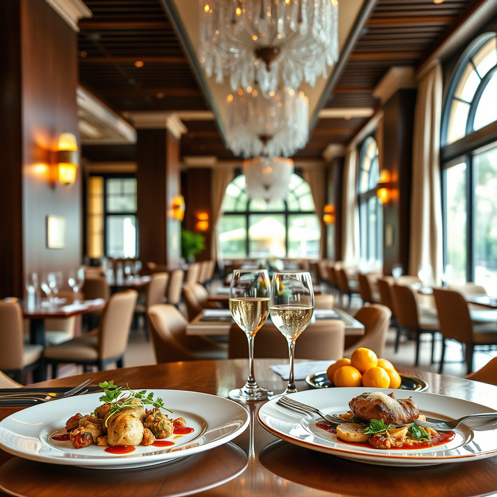 Elegant fine dining restaurant interior in Antananarivo with modern plating of traditional Malagasy dishes, featuring artistic presentations of romazava and ravitoto alongside French-influenced sauces and garnishes