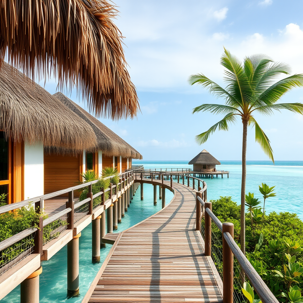 Luxury overwater bungalow resort in Nosy Be with thatched roofs, wooden walkways over turquoise lagoon, and tropical landscaping