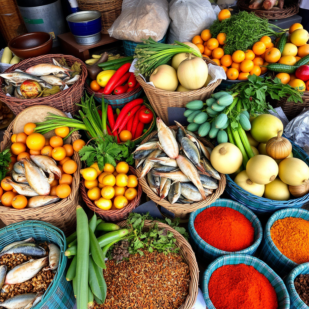 Seasonal Malagasy ingredients displayed at a local market including fresh seafood from coastal regions, highland vegetables, tropical fruits, and aromatic spices arranged in colorful baskets
