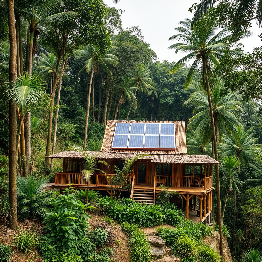 Eco-lodge nestled in tropical forest with sustainable bamboo construction, solar panels, and native vegetation around Nosy Be