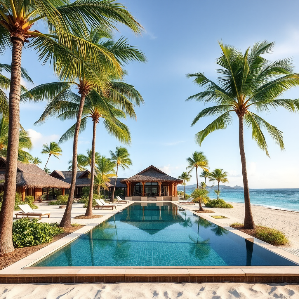 Beachfront resort with infinity pool, palm trees, white sand beach, and traditional Malagasy architecture in Nosy Be