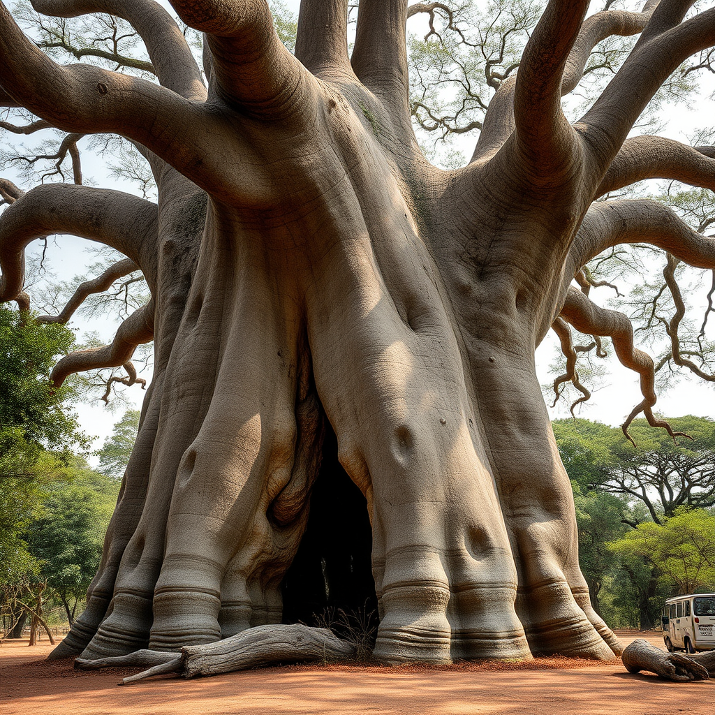 Massive ancient baobab tree with enormous hollow trunk that could house several people, demonstrating the incredible size these trees can achieve