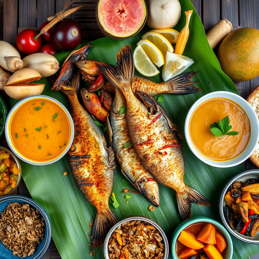 Traditional Malagasy seafood feast with grilled fish, coconut curry, tropical fruits, and exotic spices served on banana leaves