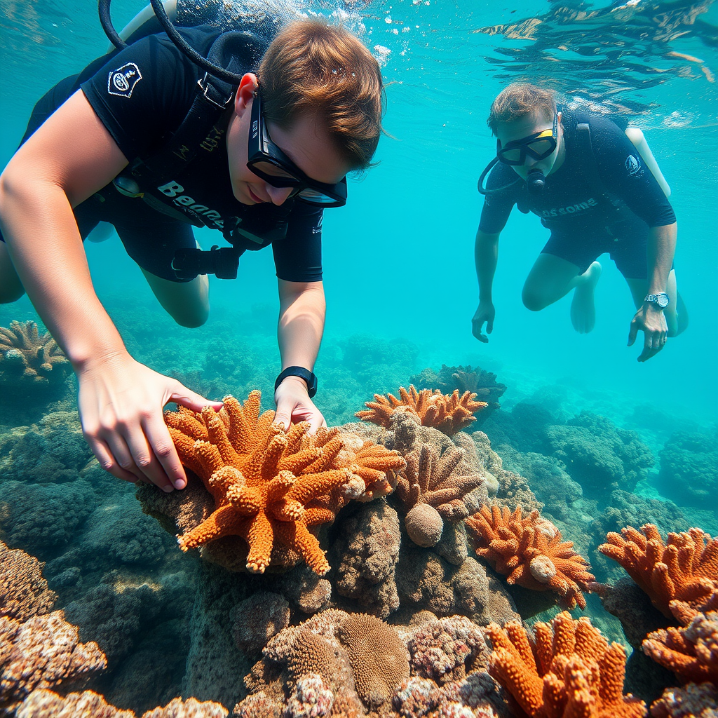 Marine conservation efforts showing coral reef restoration project with divers planting new coral fragments in clear tropical waters
